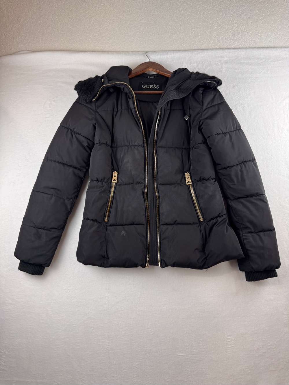 GUESS Black Quilted Puffer Jacket XS | Hooded Gold Zip Coat